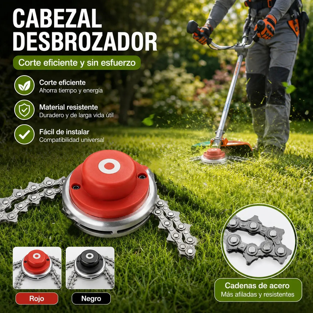 Cuchillas para cortacésped equipadas con cadenas reforzadas y conexiones roscadas de 10 mm; repuestos duraderos para desbrozadoras.