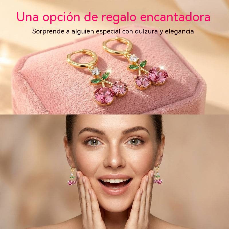 🍒 Conjunto de pendientes y collar con colgante de cristal de cereza rosa