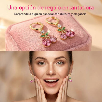 🍒 Conjunto de pendientes y collar con colgante de cristal de cereza rosa