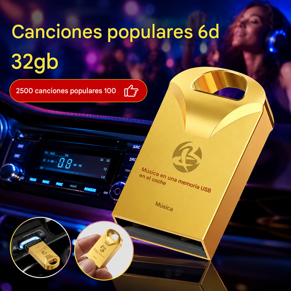 🔥🔥【32 GB】Memoria USB universal de alta calidad para música en coches【2500 canciones populares + 100 vídeos】