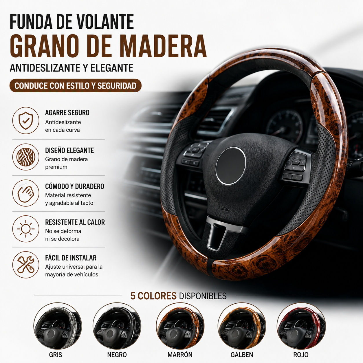 【1 juego de 3 piezas】 Funda antideslizante para volante de coche con vetas de madera