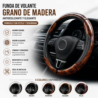 【1 juego de 3 piezas】 Funda antideslizante para volante de coche con vetas de madera