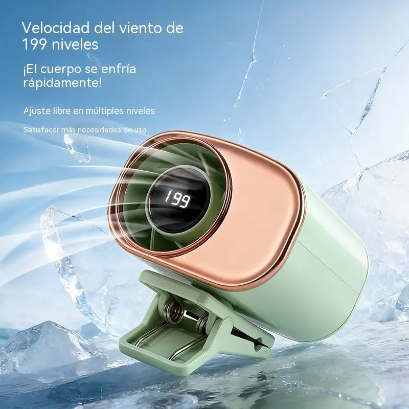 🌀 Ventilador manos libres con pantalla LED, clip integrado y 199 niveles de ajuste