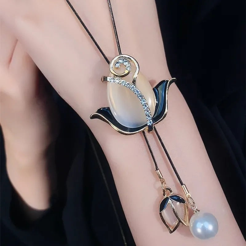 [2 piezas 23 euros]Collar largo de tulipán con ojo de gato, cadena para suéter, accesorios de ropa