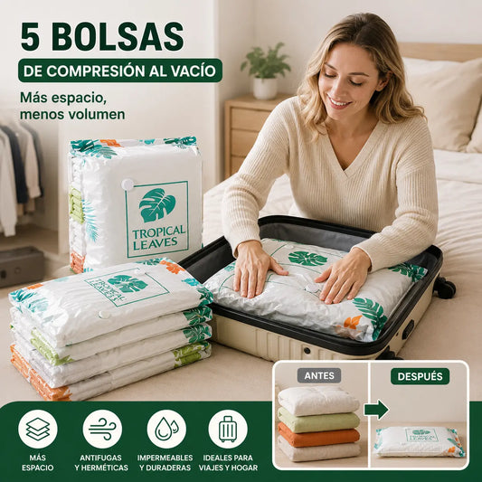 🧳【Juego de 5 piezas】💨 Bolsa de almacenamiento al vacío grande y compresible: no requiere bomba, es a prueba de fugas e ideal para ahorrar espacio en maletas y en casa ✈️