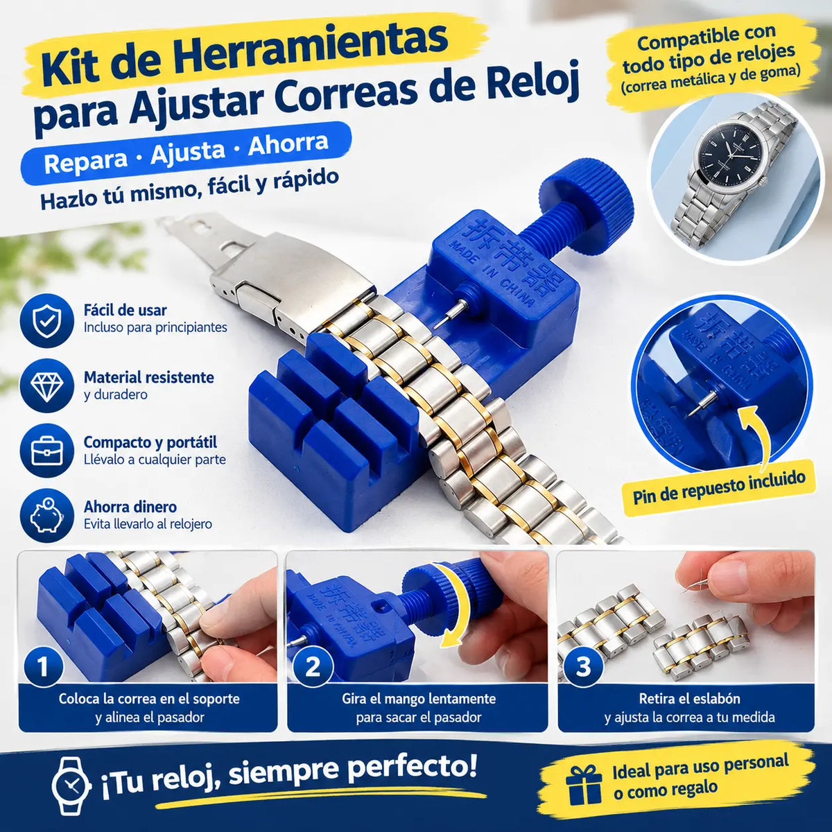 ⌚ Kit de Herramientas para Ajustar Correas de Reloj | Set de 11 Piezas para Quitar Eslabones, Cambiar y Acortar Pulseras