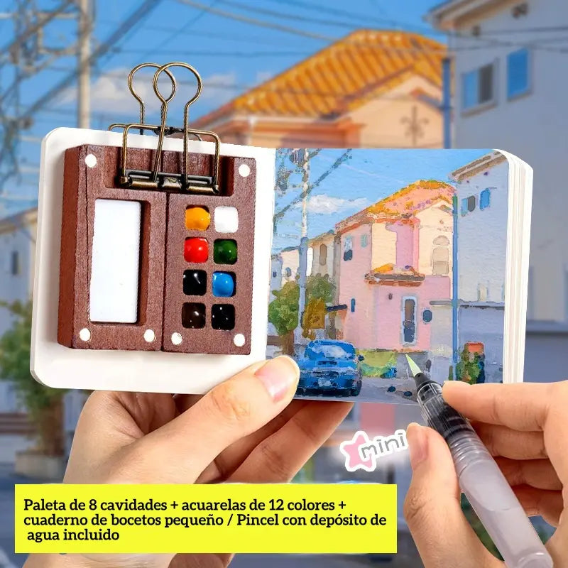 Mini cuaderno de bocetos portátil dibujado a mano y set para mezclar colores