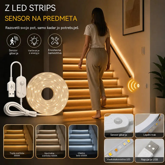 【2M】LED svetlobni trak s pametnim senzorjem in samodejnim sistemom osvetlitve, z USB lepilom, idealen za kuhinje, spalnice in stopnišča.