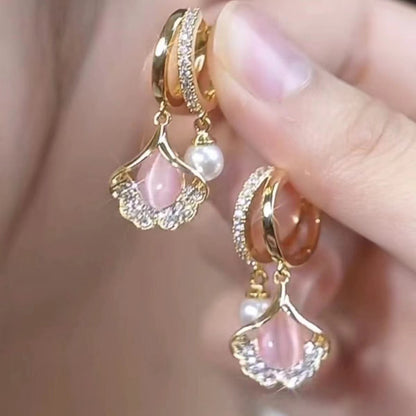 【2 pares 26 euros】Pendientes elegantes con piedras preciosas de ojo de gato y diseño de hoja de ginkgo