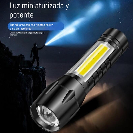 【2 unidades】Mini linterna LED ultra potente con zoom ajustable, luz lateral COB y recargable por USB, fabricada en aleación de aluminio, con caja protectora incluida.