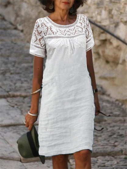 🌸Nuevo vestido de verano, confeccionado con tela de encaje patchwork, diseño de cuello redondo, tejido de mezcla de algodón y lino.