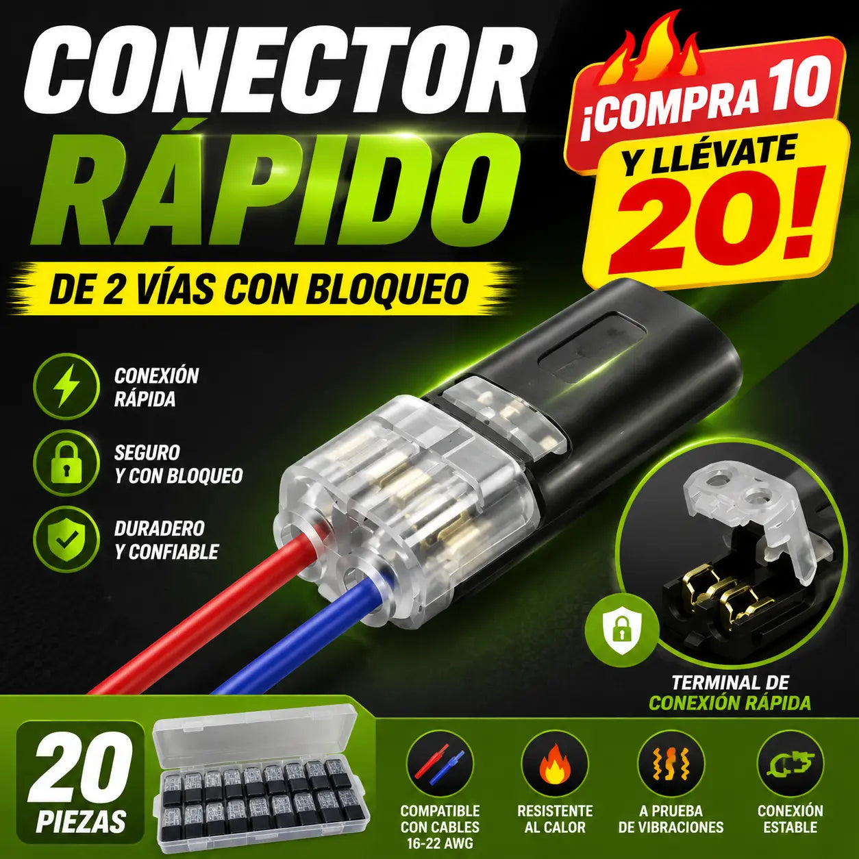 🏆Conector enchufable de doble cable con presilla de bloqueo
