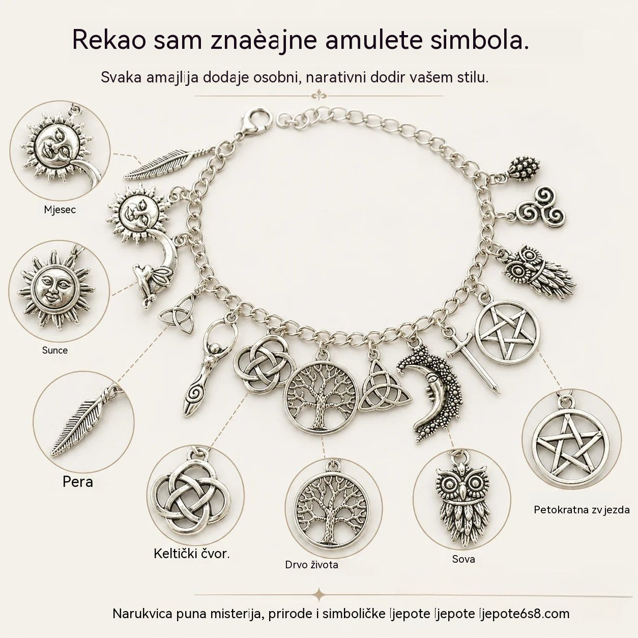 Ženska vintage narukvica s privjescima i mističnim ugođajem – nebeski, gotički i boho nakit 🔮✨