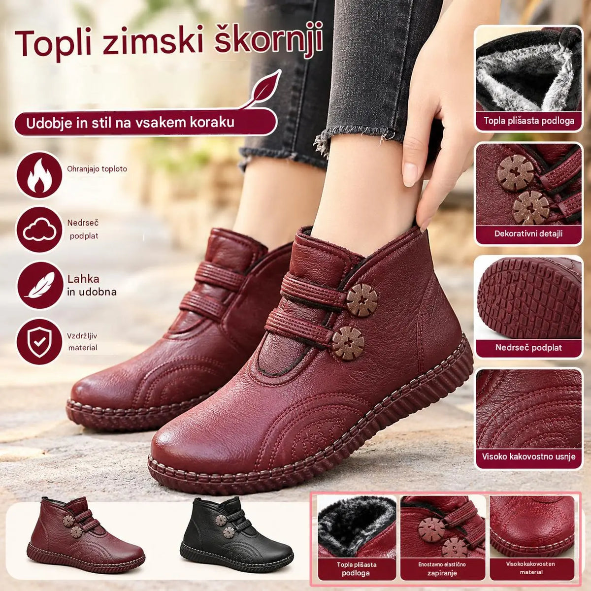 👢【35-40】Ženski topli, nedrseči gležnjarji iz pravega usnja s flis podlogo za zimo.