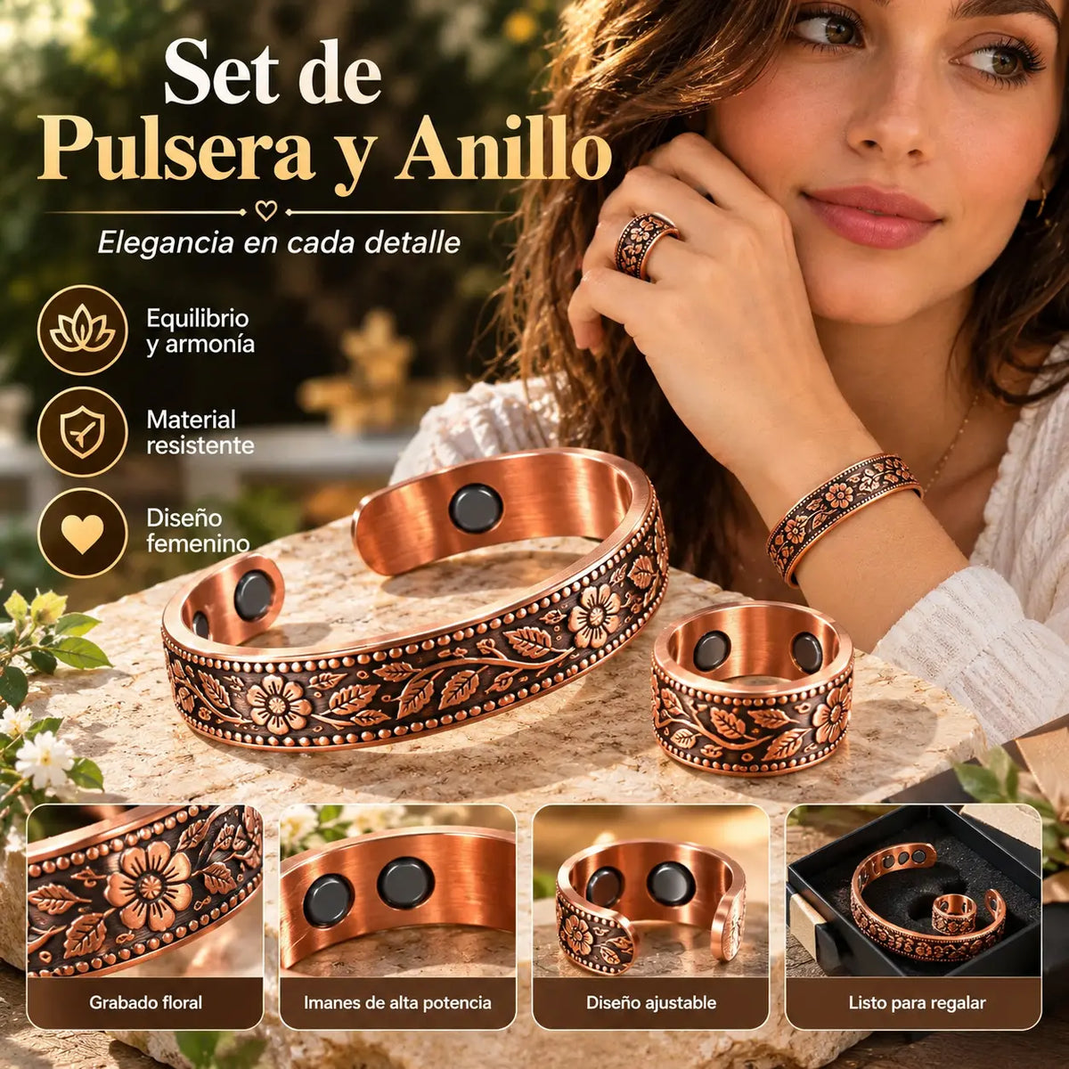 🔥【Pulsera + Anillo】✨Conjunto creativo de pulsera y anillo magnéticos grabados de estilo retro✨