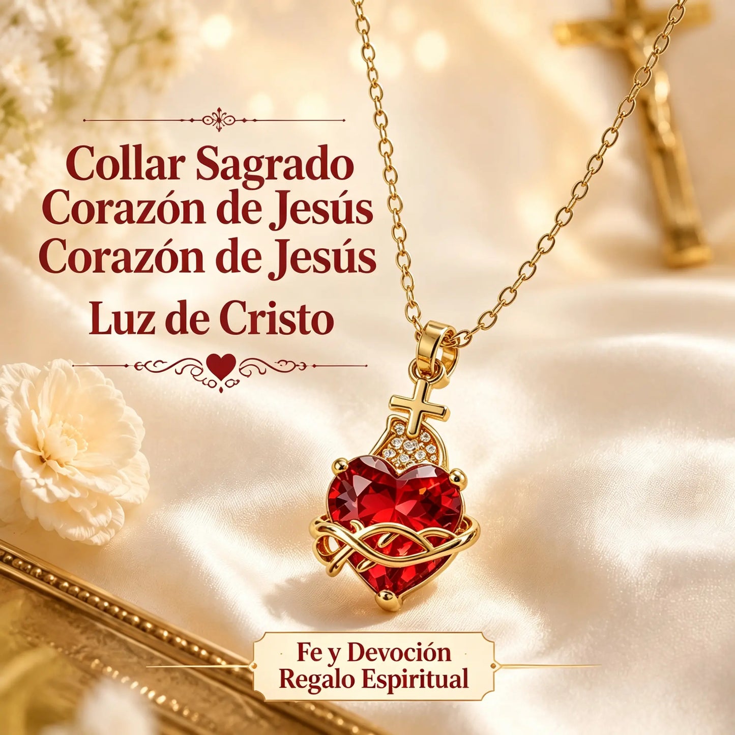 ❤️【Compra 1 y llévate 1 gratis】✝️ 【2 piezas】Collar del Sagrado Corazón de Jesús – Colgante de Cruz con Cristal en Forma de Corazón Bañado en Oro, Luz de Cristo, Joya Religiosa de Fe para Mujer 🎁✨