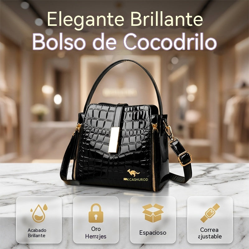 👜 ¡TIEMPO LIMITADO: 50% DE DESCUENTO! ✨ Bolso de mano brillante para mujer con estampado de cocodrilo: estructurado, detalles dorados, espacioso y elegante 💼