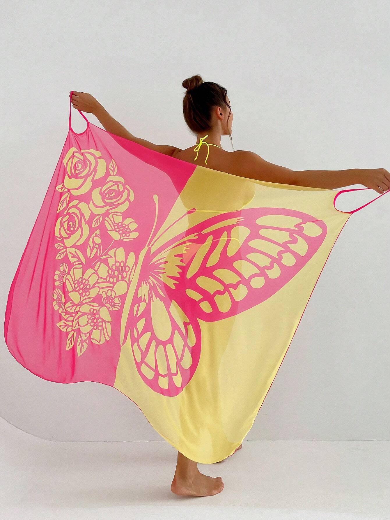 🦋🦋Vestido tipo chal con protector solar de playa de malla con estampado de mariposas