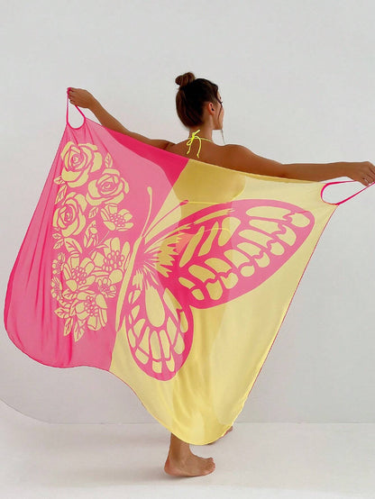 🦋🦋Vestido tipo chal con protector solar de playa de malla con estampado de mariposas