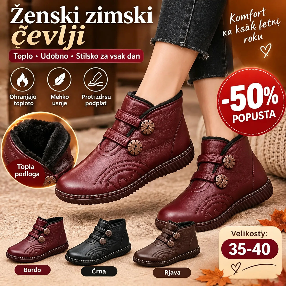 👢【35-40】Ženski topli, nedrseči gležnjarji iz pravega usnja s flis podlogo za zimo.