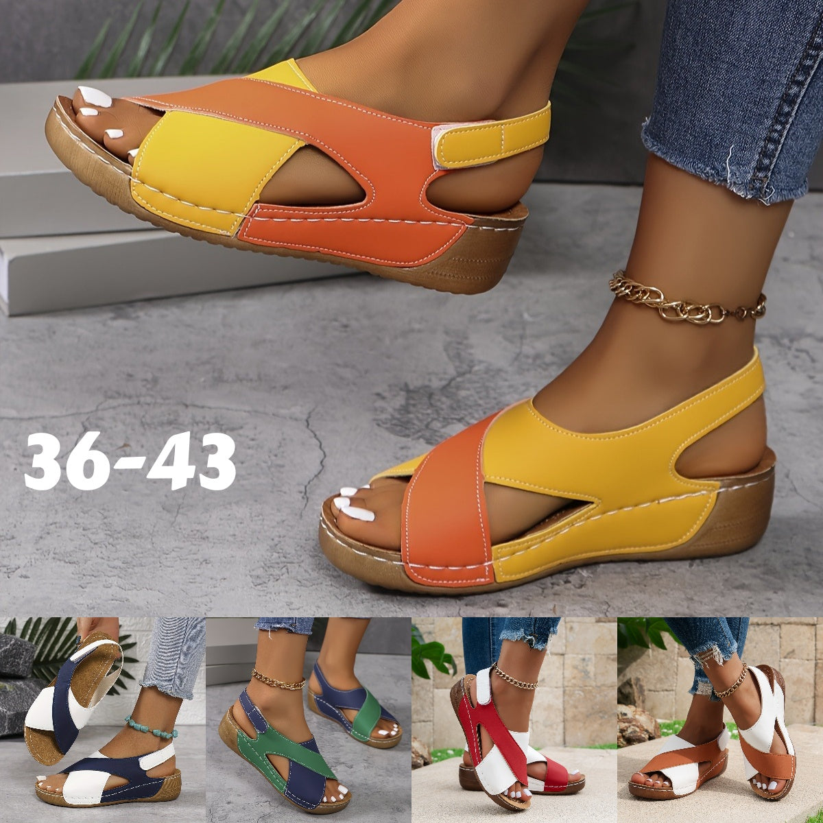 🔥👡【36-43】Sandalias de cuña de color en contraste para mujer, zapatos casuales de verano con punta abierta