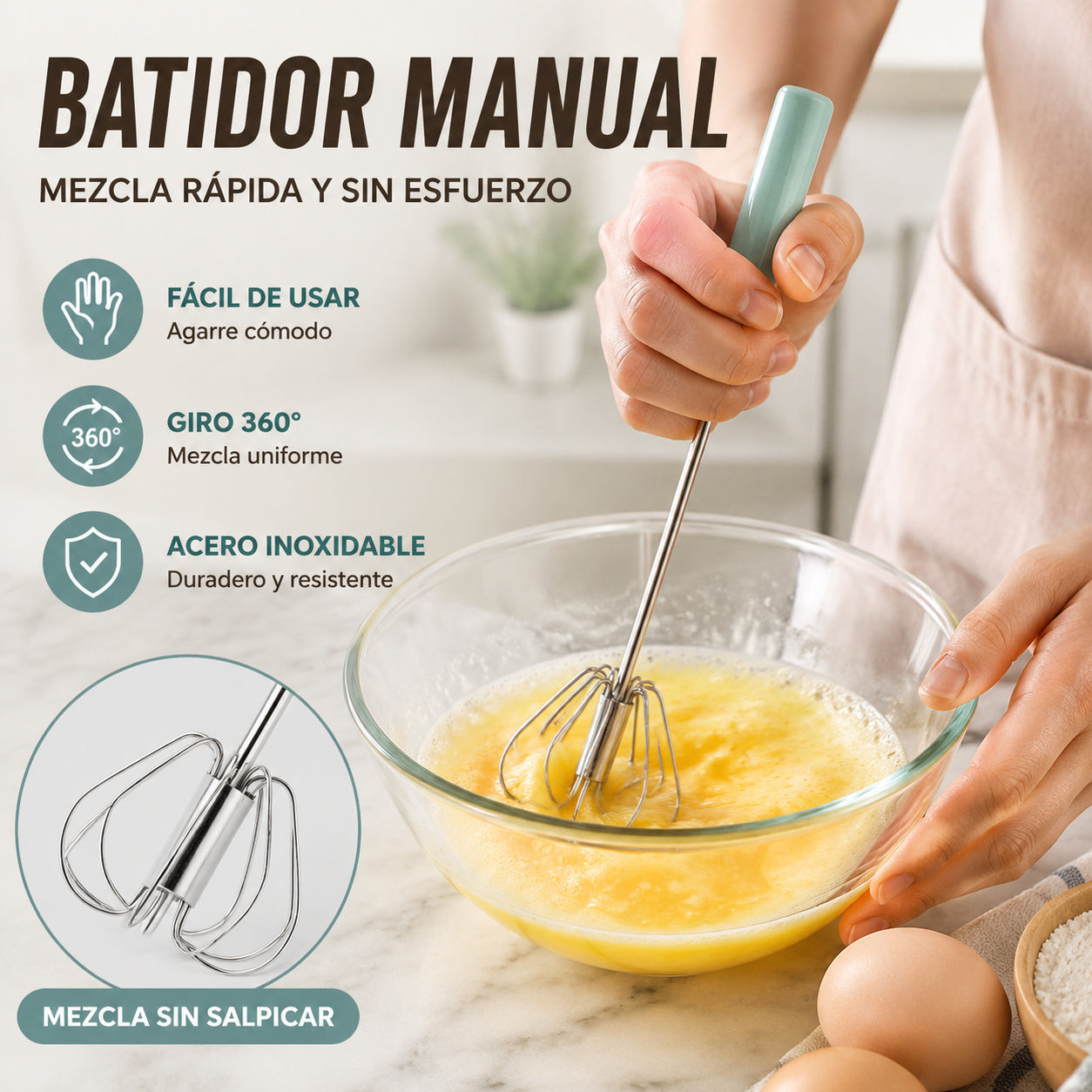 【 2 pieza por 24 euros】Batidor de huevos semiautomático de acero inoxidable