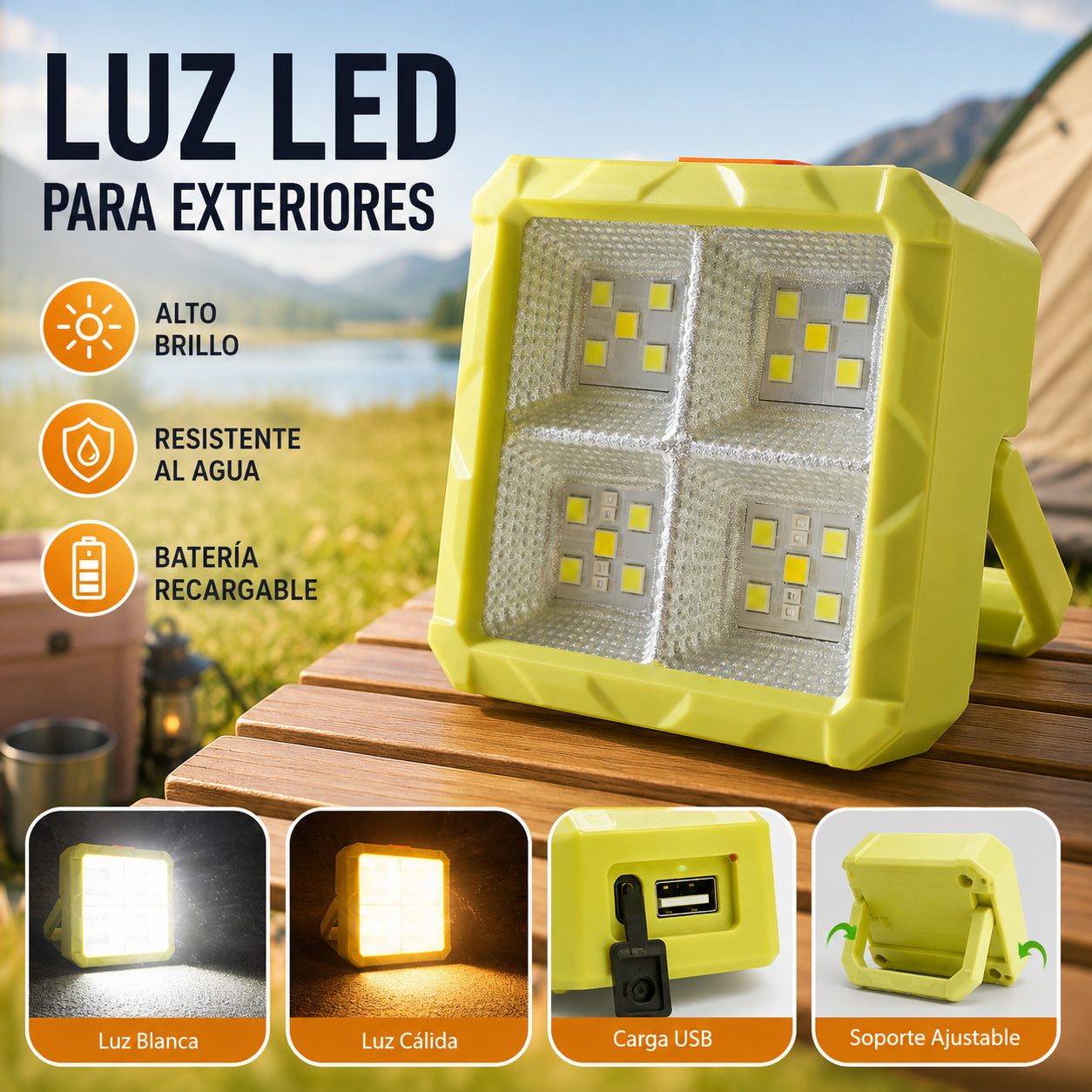 Luz de emergencia solar recargable multifuncional para exteriores