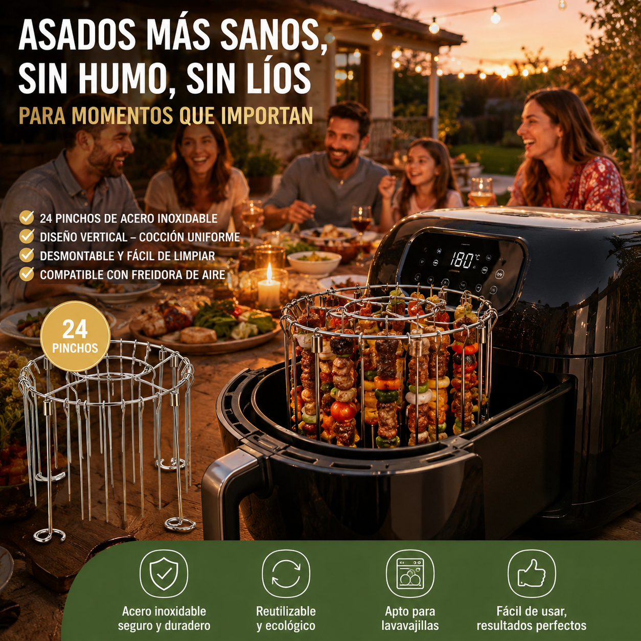 Soporte para brochetas para freidora de aire con 30 brochetas verticales de acero inoxidable
