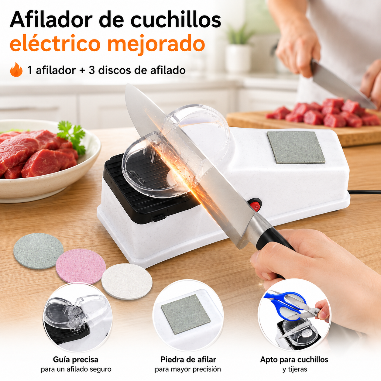 50%OFF🔥【1 afilador + 3 discos de afilado】Afilador de cuchillos eléctrico mejorado