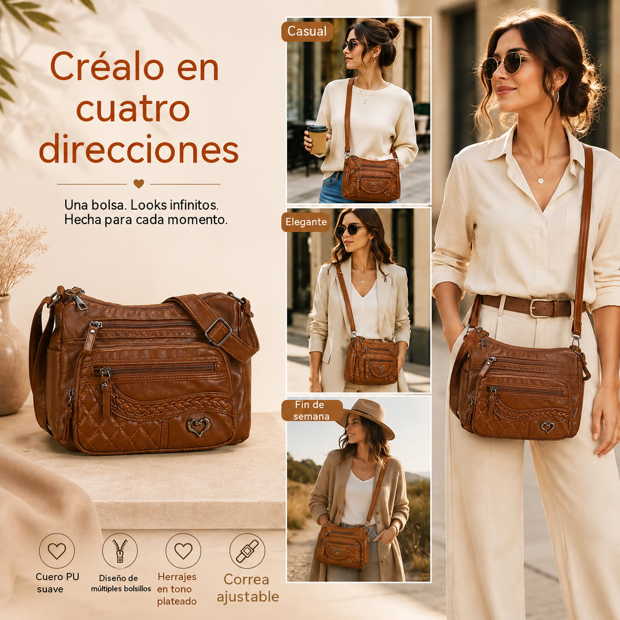 50% DE DESCUENTO 👜 Elegante bolso de hombro de piel auténtica de gran capacidad para mujer