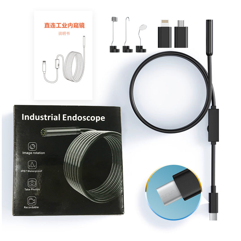Endoscopio industrial, tipo C compatible con Apple y Android, doble lente de alta definición, conexión directa a teléfono inteligente.