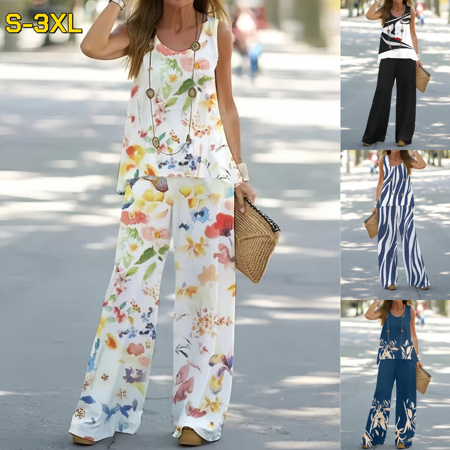 🌸 😍 【S-3XL】Traje casual estampado sin mangas [top + pantalón].