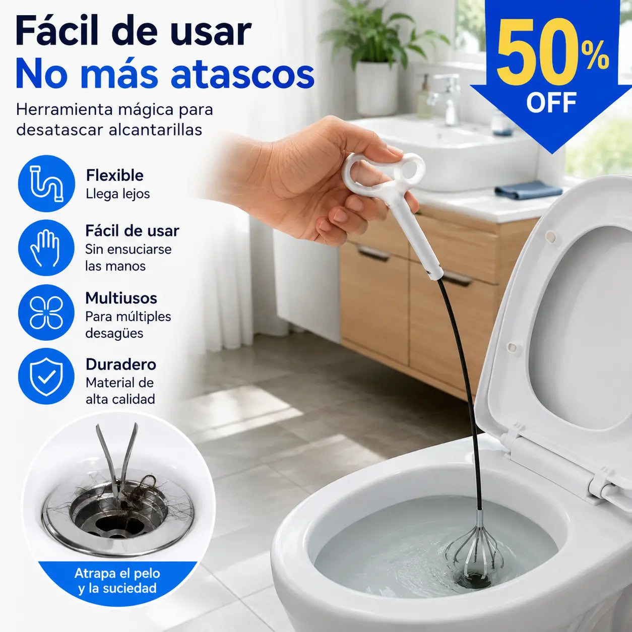 🔥Gran oferta 2026: 50 % de descuento🔥 Desatascador doméstico de cuatro garras para desagües