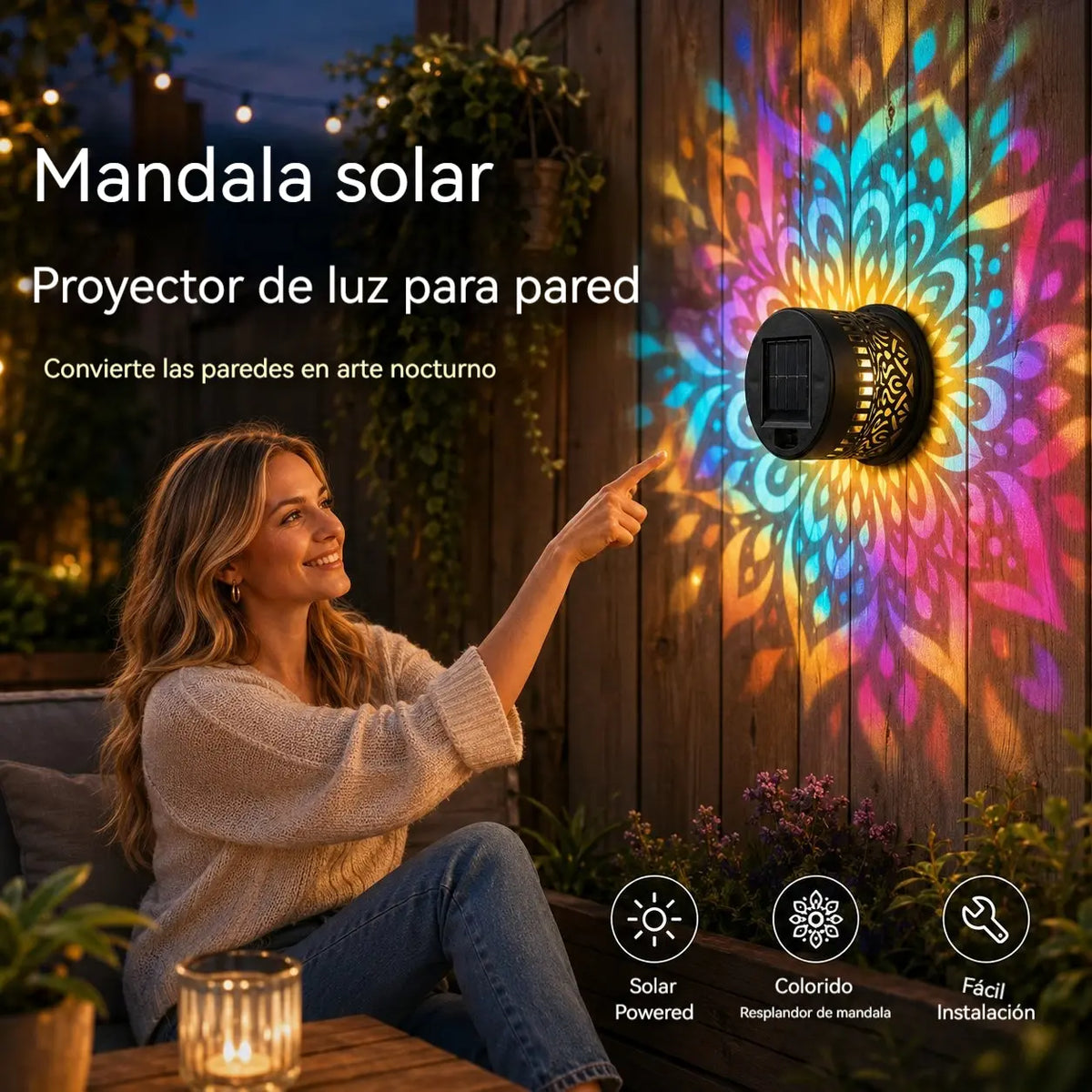 🌸🌙🔮Lámpara de pared con proyección de diseño de mandala para exteriores, alimentada por energía solar.