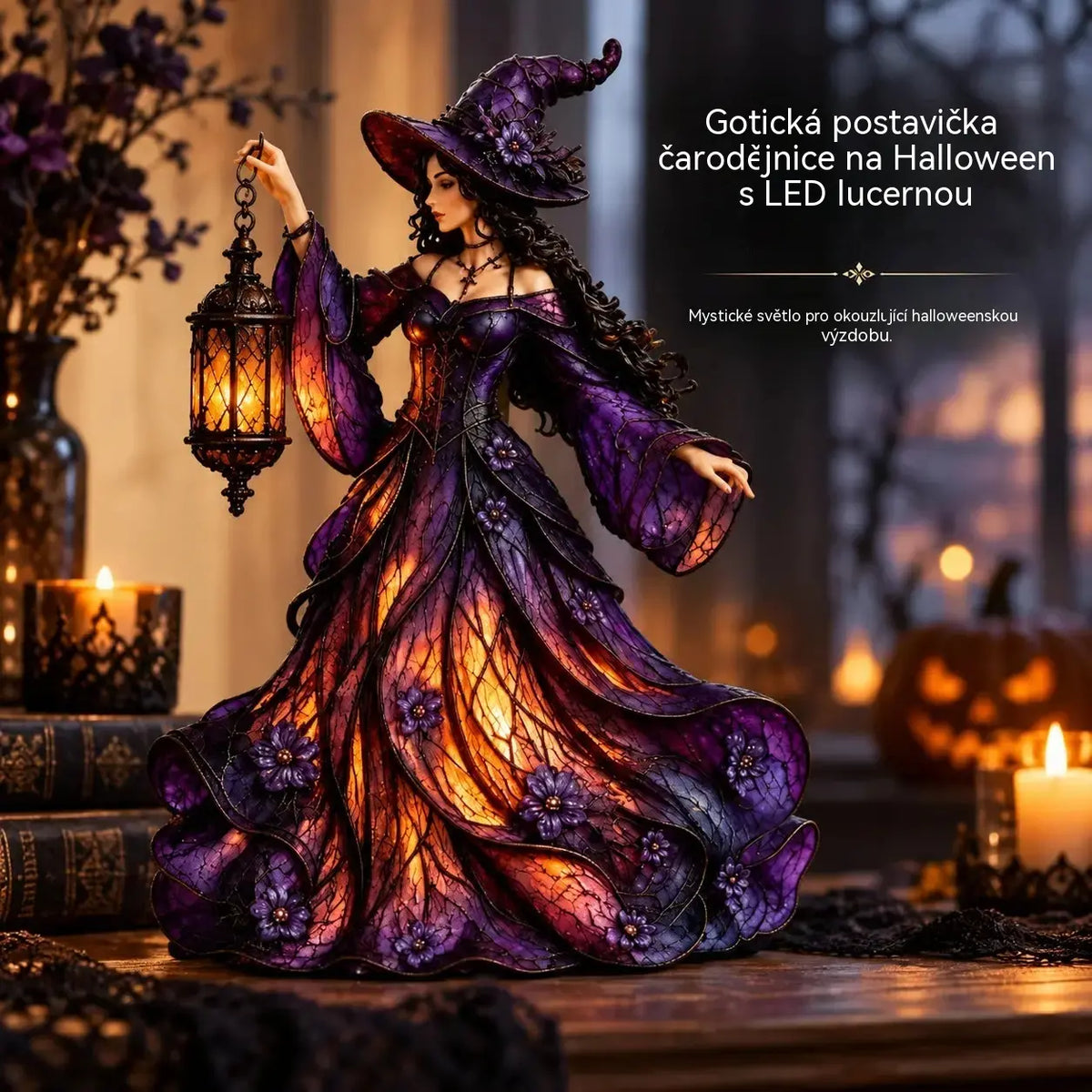 🧙‍♀️ Gotická halloweenská figurka čarodějnice s LED lucernou 🧙‍♀️
