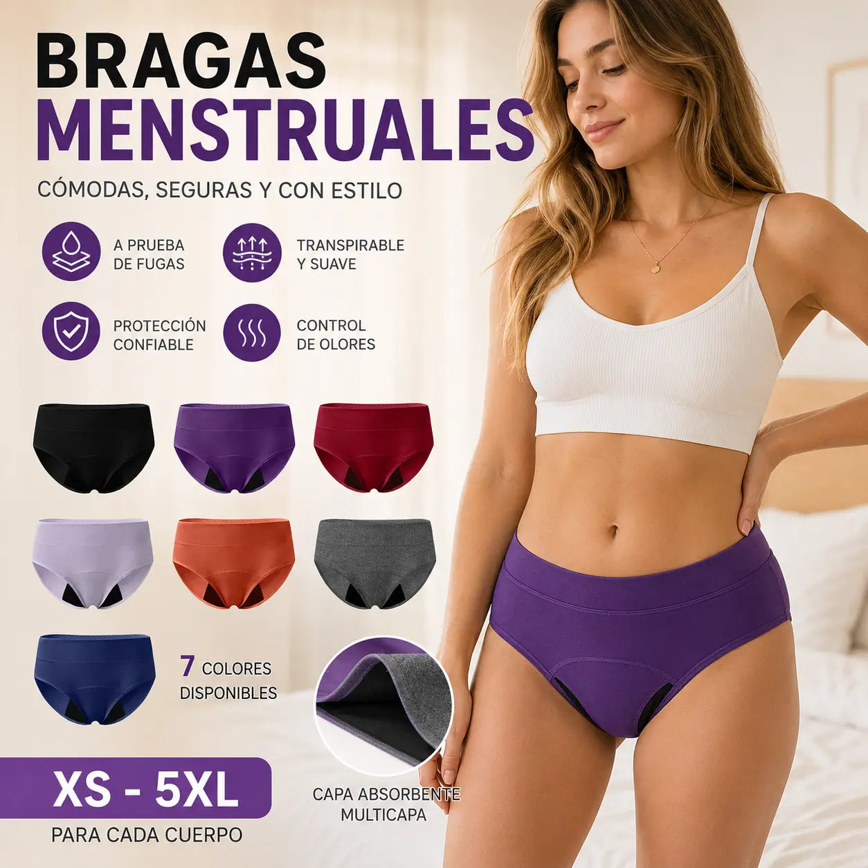 【Juego de 5 piezas】【XS-5XL】Nueva ropa interior de algodón de alta calidad para mujer, de talle medio, color liso, tallas grandes, transpirable y con una entrepierna más amplia.