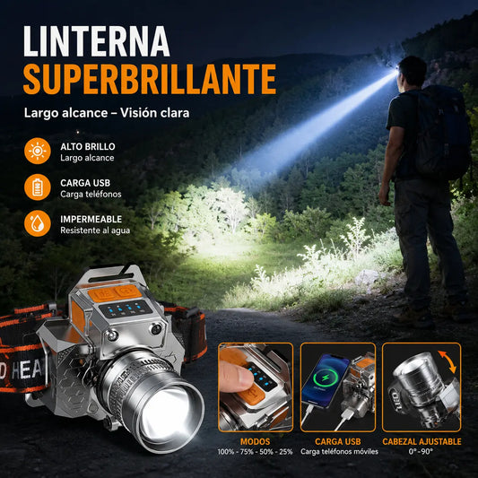 Linterna frontal LED ultrabrillante de largo alcance: zoom ajustable, carga USB y capacidad para cargar el teléfono.