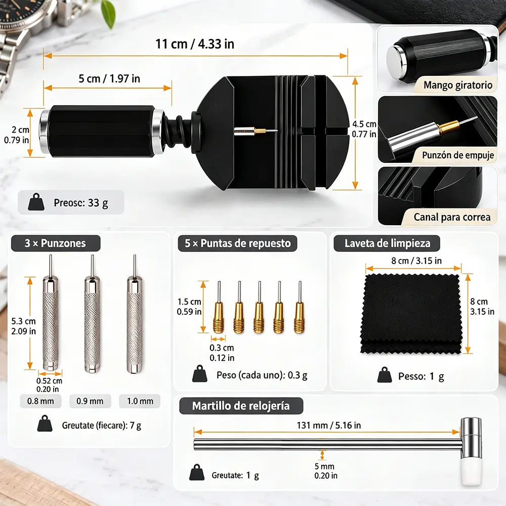 ⌚ Kit de Herramientas para Ajustar Correas de Reloj | Set de 11 Piezas para Quitar Eslabones, Cambiar y Acortar Pulseras