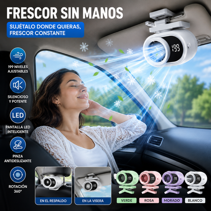 🌀 Ventilador manos libres con pantalla LED, clip integrado y 199 niveles de ajuste