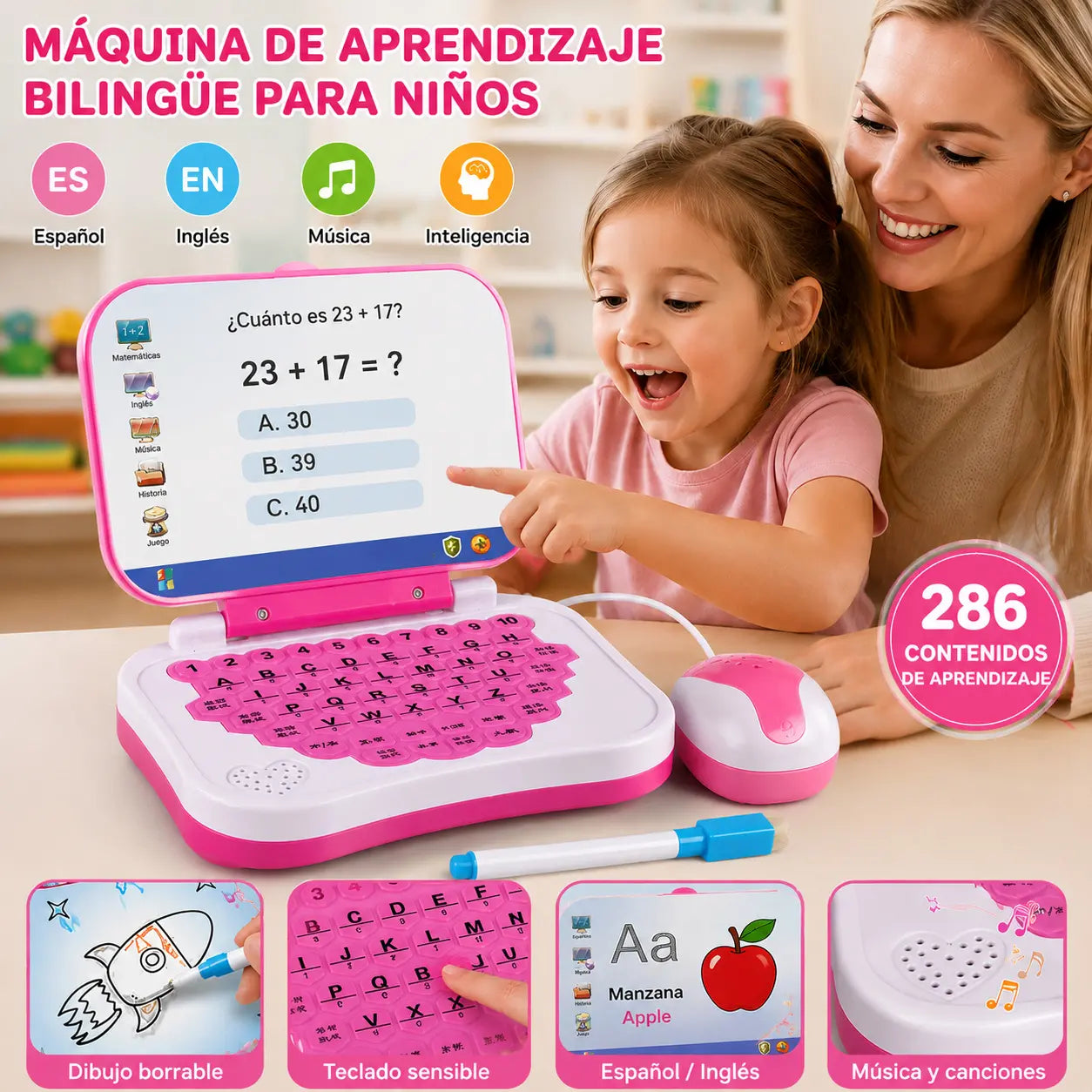 Máquina de aprendizaje educativo para niños con tablero de dibujo, cuaderno y herramientas de dibujo.