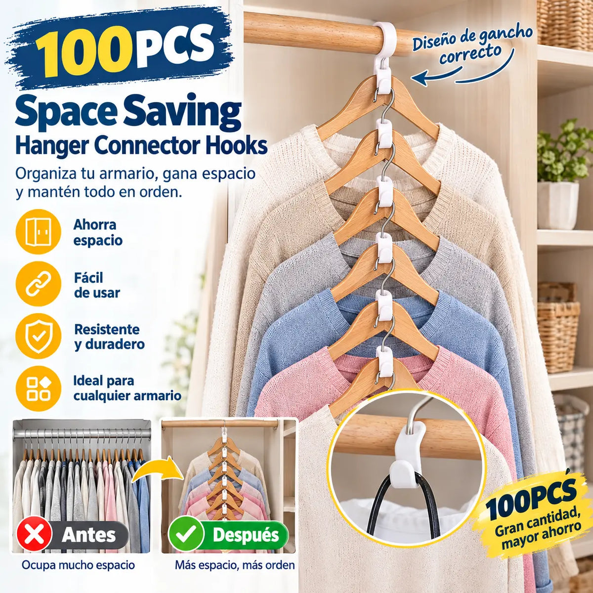 【100 piezas】 Ganchos conectores para perchas que ahorran espacio: duplican el espacio del armario, resistentes y fáciles de usar 🧥