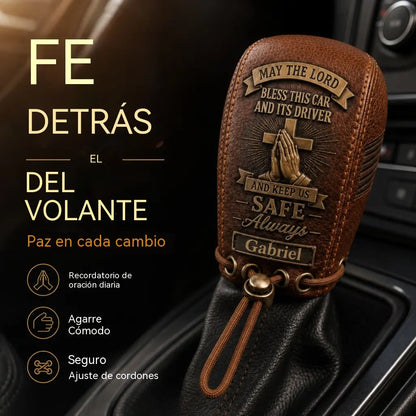 🙏 Funda de cuero para la palanca de cambios «Bendición del viajero» — Fe al volante ✨