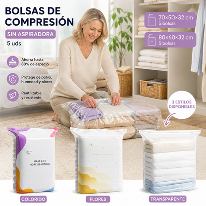 🧳✈️ 【Pack de 5】Bolsas de Compresión al Vacío para Viaje – Ahorra hasta un 80% de Espacio sin Bomba