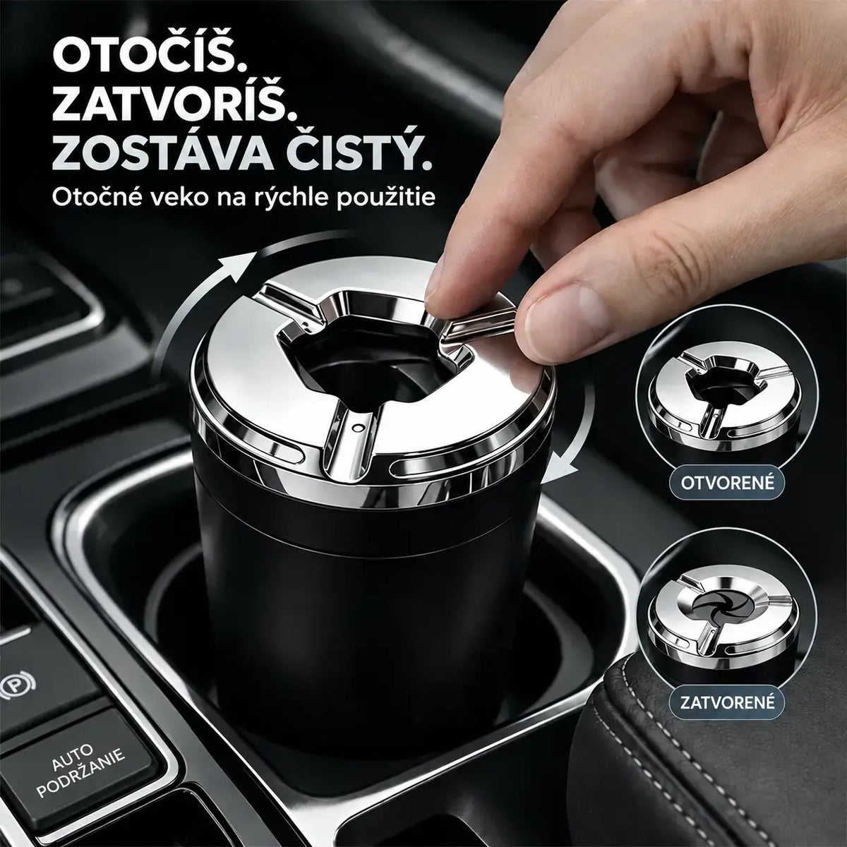 🚗🚬 Auto popolník s otočným vekom – 1+1 zdarma, sada 2 kusov, proti zápachu a popolu, univerzálny do držiaka nápojov.
