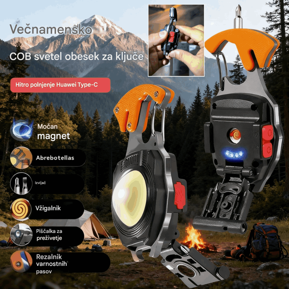 🌞🛡️Večfunkcijski zunanji obesek za ključe 6 v 1 z močno lučko in funkcijo zažiganja ognja.
