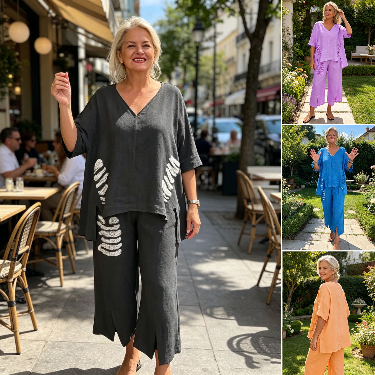 【Pantalones + Top】2026 Traje de dos piezas de lino y algodón con cuello en V para mujer