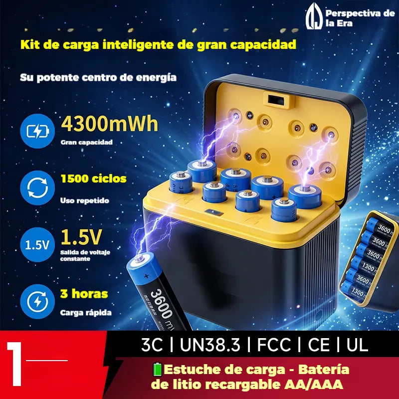 Estuche de carga para baterías de litio AA/AAA, carga por USB tipo C, protecciones múltiples, baterías recargables ecológicas.