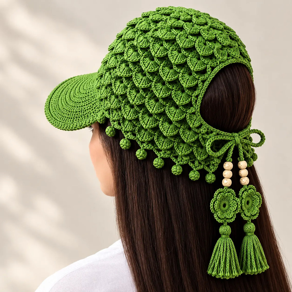 🌻🧶 Gorra de Ganchillo con Girasol para Mujer | Gorra Boho Calada de Verano con Borlas Decorativas