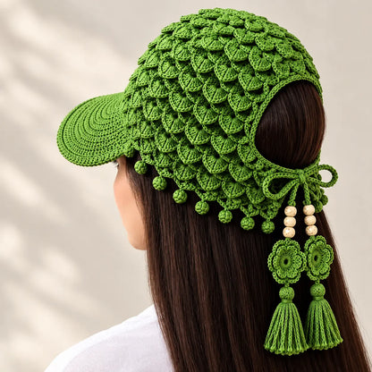 🌻🧶 Gorra de Ganchillo con Girasol para Mujer | Gorra Boho Calada de Verano con Borlas Decorativas
