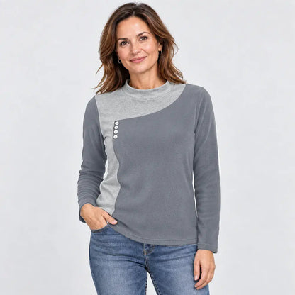 ✨【S–3XL / 6 barev】Top s kombinací barev, stojáčkem a ozdobnými knoflíky (lehký hřejivý fleece)